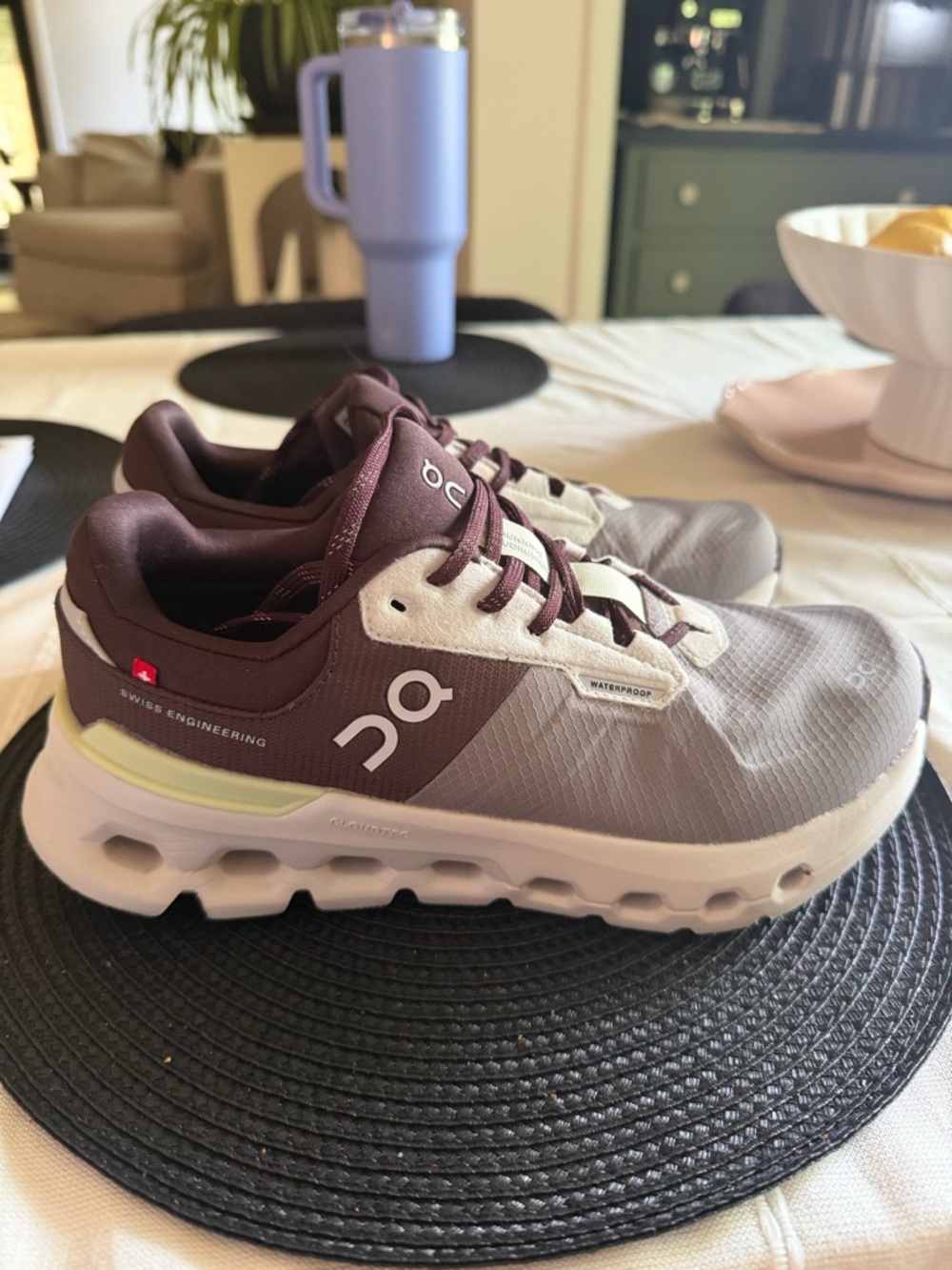 On Cloud Waterproof Women's Athletic Shoes — Taupe and Burgundy